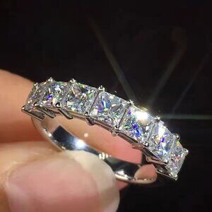 VVS1 Princess Lab Dia Prong Half Eternity 925 Silver Wedding Band Ring